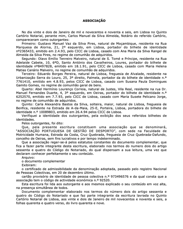 imagem do Registo Notarial da Constituição em 1995 da APOGESD